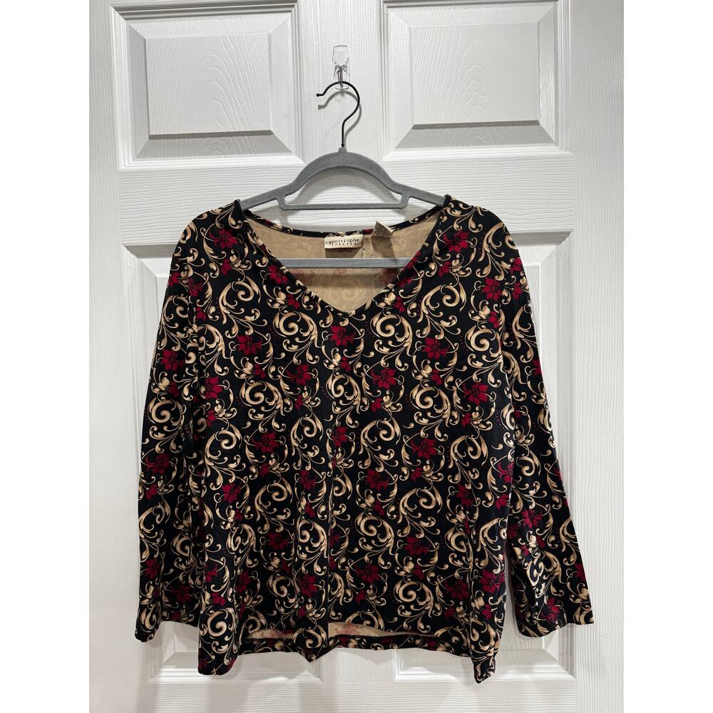 Apostrophe Stretch Black Red Floral Paisley Top XL 3/4 sleeve